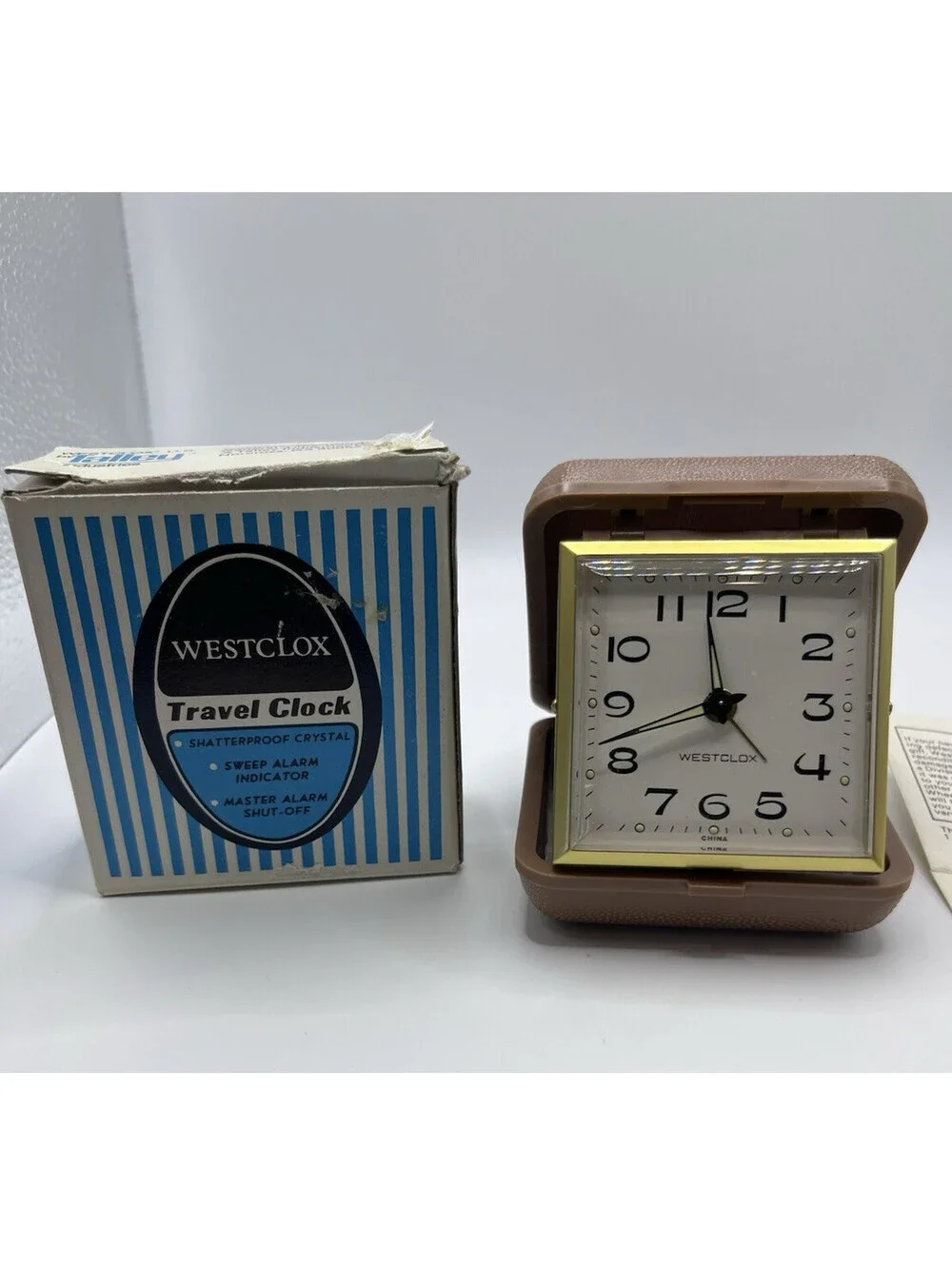 Westclox Folding Travel Alarm Clock Vintage Brown Clamshell In Box Works 3111.2